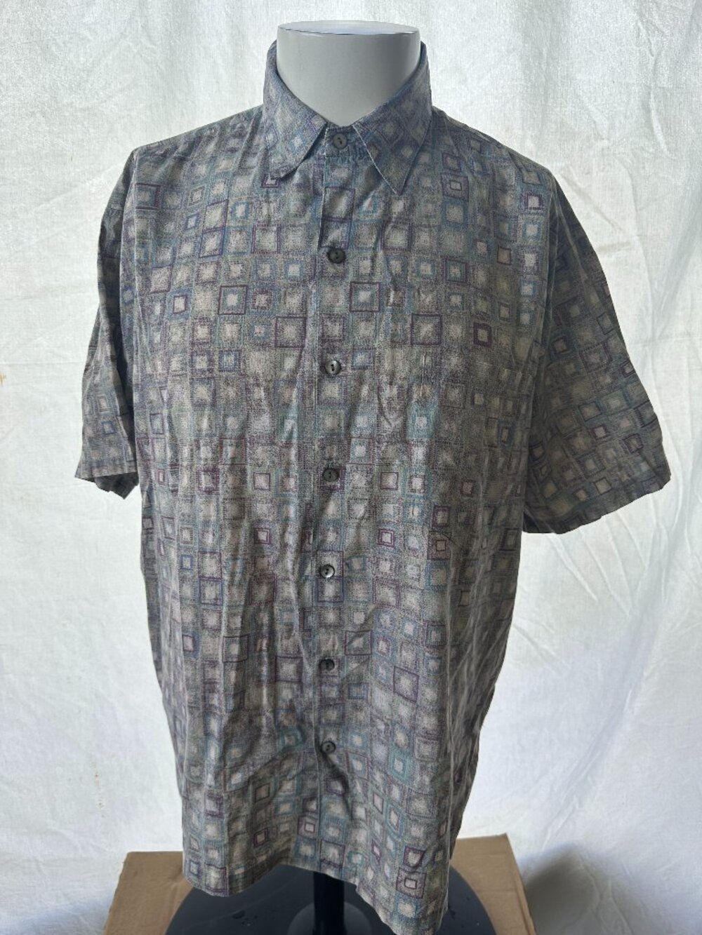 Tori Richard Men's Square Geometric Pattern Blue Purple Green Hawaiian Shirt Med